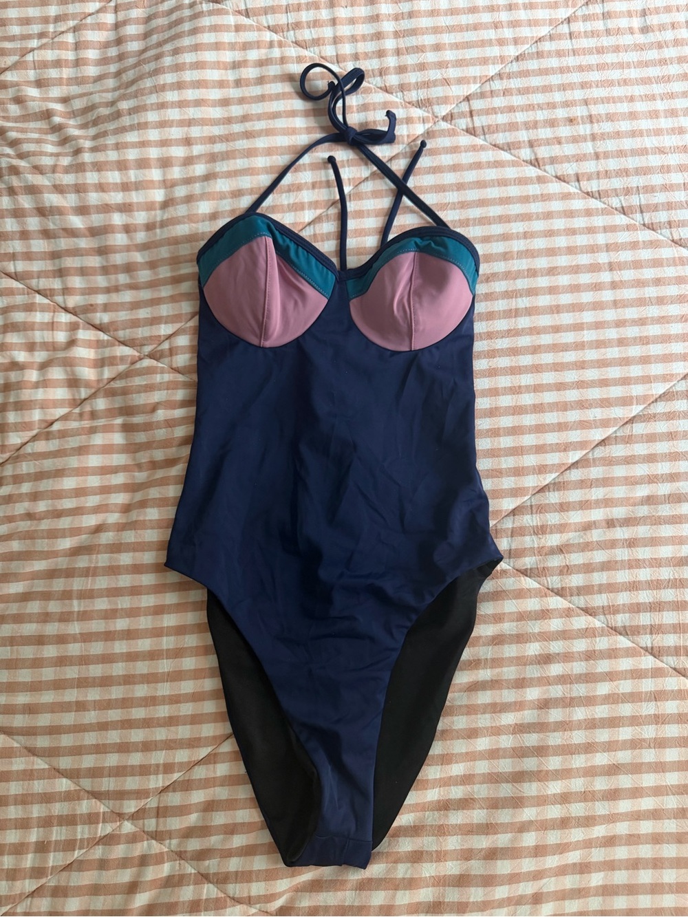 Navy One-Piece Swimsuit with Pink Bust Accents